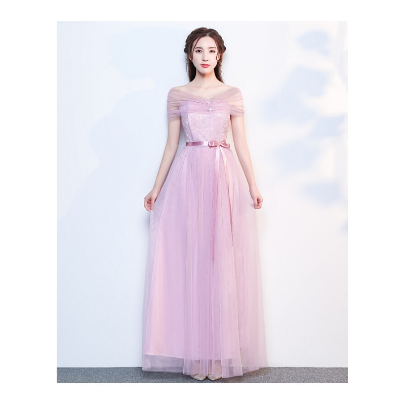 伴娘礼服女2018韩版姐妹团伴娘服长款灰色显瘦一字肩连衣裙夏lm