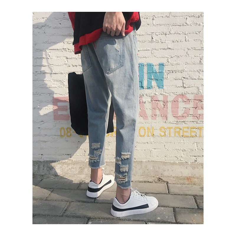 夏季刺绣毛边九分牛仔裤男韩版潮流修身bf风原宿学生小脚chic裤子lm