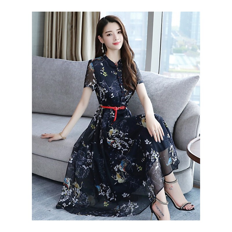2018夏季女装韩版收腰显瘦大摆过膝长裙印花长款雪纺连衣裙lm图片色