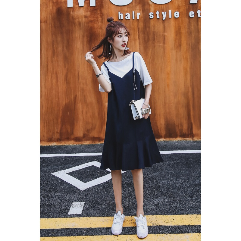 裙子夏女2018一字肩小清新学生背带带显瘦冷淡风雪纺连衣裙lm