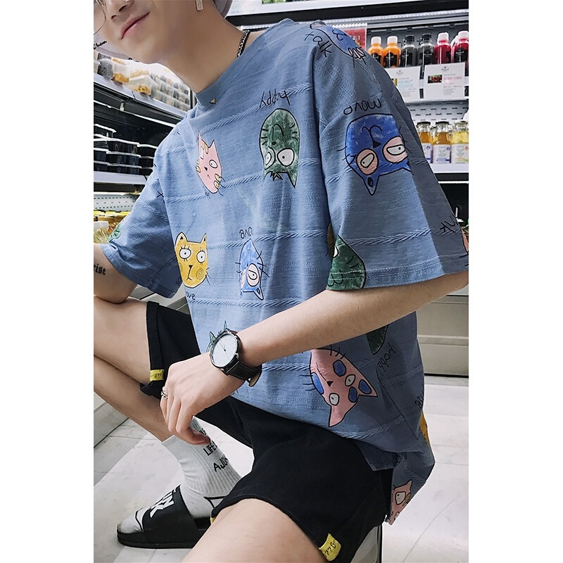 夏季卡通喵咪印花T恤韩版短袖圆领男生潮流tee情侣款上衣lm
