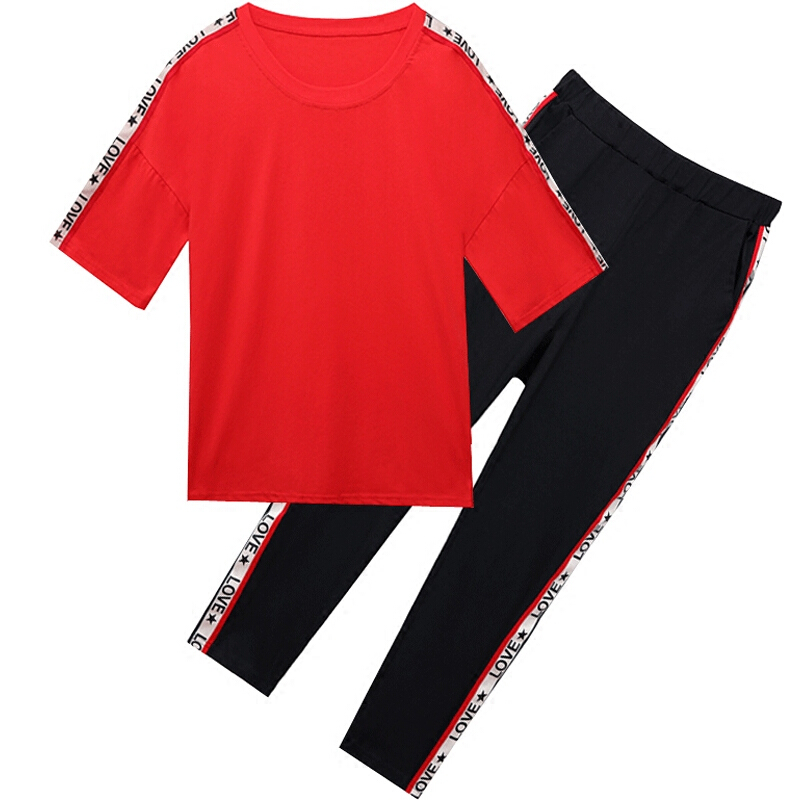 休闲运动套装女夏季2018时尚宽松短袖女士跑步运动服两件套潮jyl黑色L111-125斤