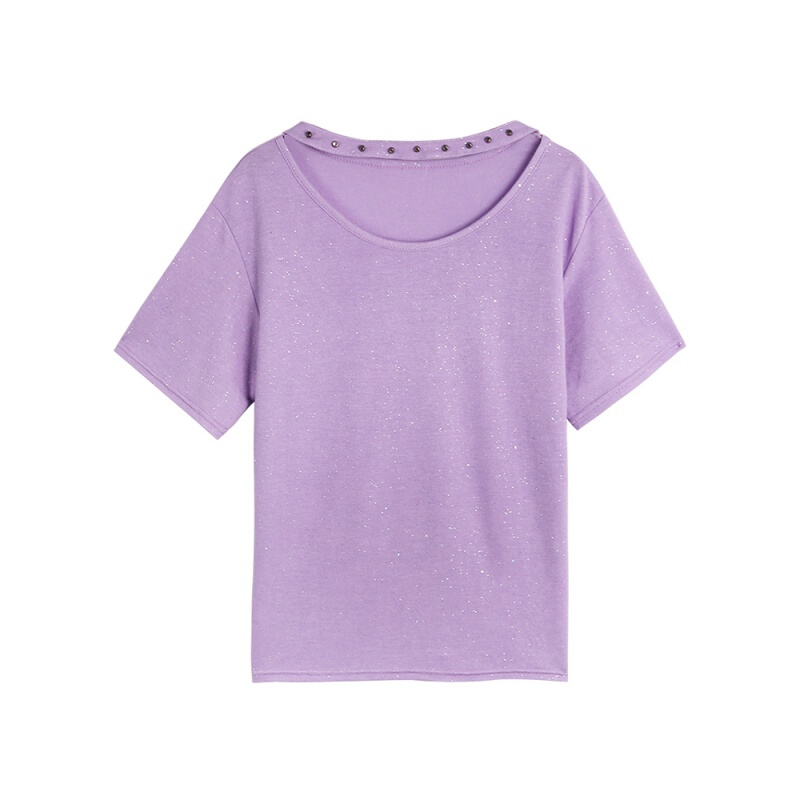 短袖女2018夏韩范挂脖圆领亮丝紫色T恤半截袖宽松小心机上衣lm 白色 均码