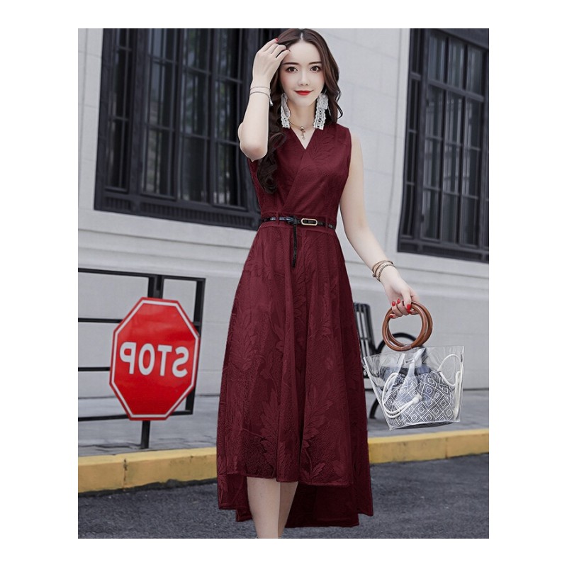 2018夏季无袖v领中长款女装时尚气质显瘦蕾丝网纱连衣裙潮lm