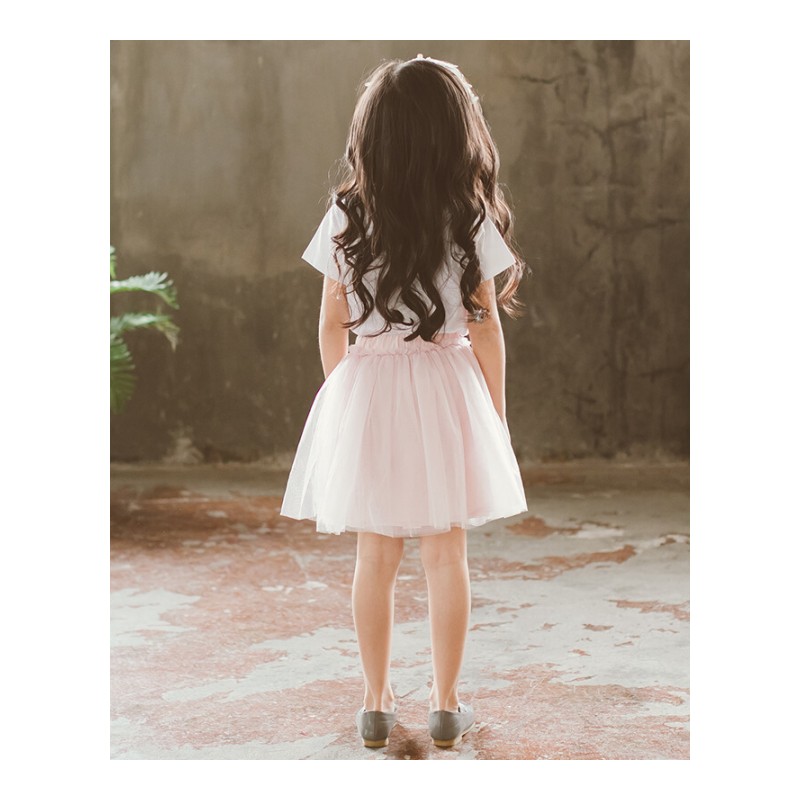 2018童装夏季韩版印花儿童短袖T恤+网纱半身裙女童套装夏装jyl粉色