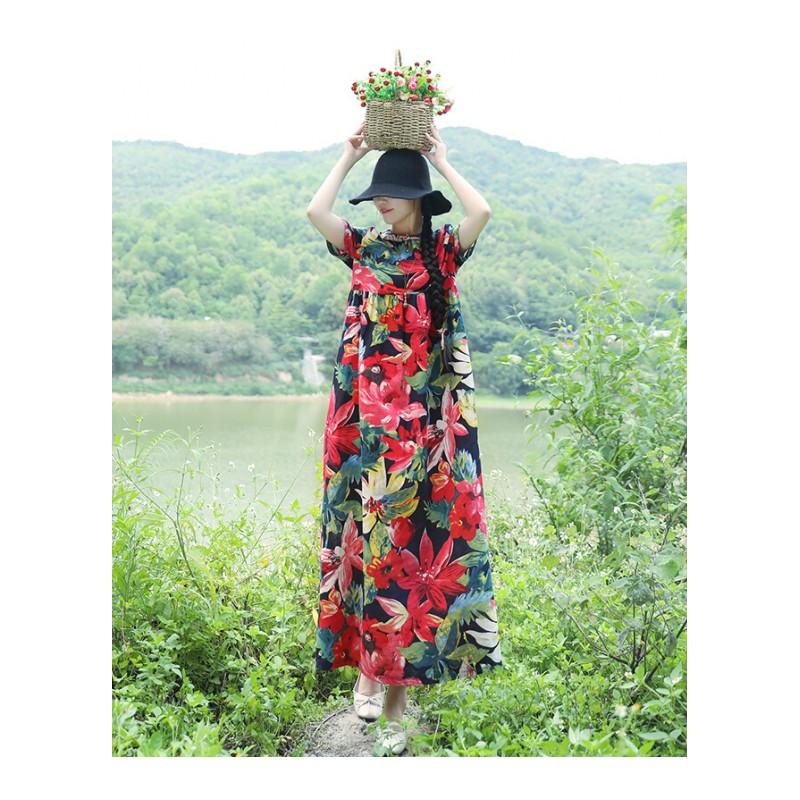 2018夏季民族风中长款大码宽松棉麻印花长袖连衣裙文艺长裙子8001lm