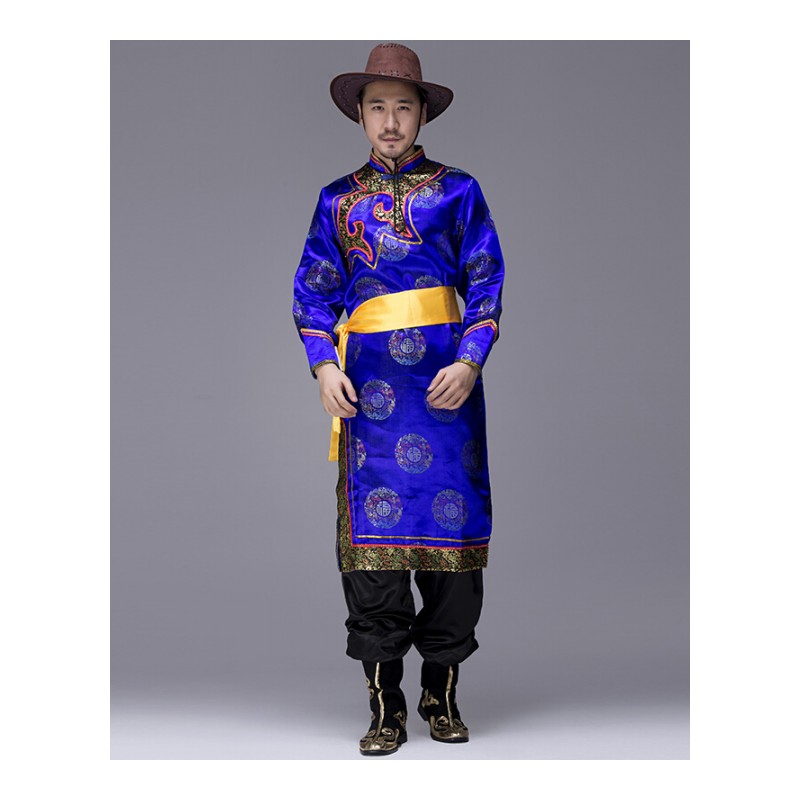 蒙古服装男蒙古族演出服装筷子舞内蒙藏族舞蹈服少数民族舞蹈jyl深蓝色+帽子,腰带