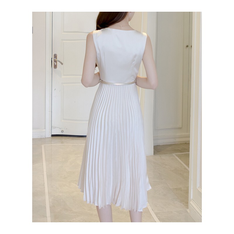 连衣裙女士2017夏季收腰无袖新款裙子韩版V领显瘦时尚名媛中长款A字裙金色