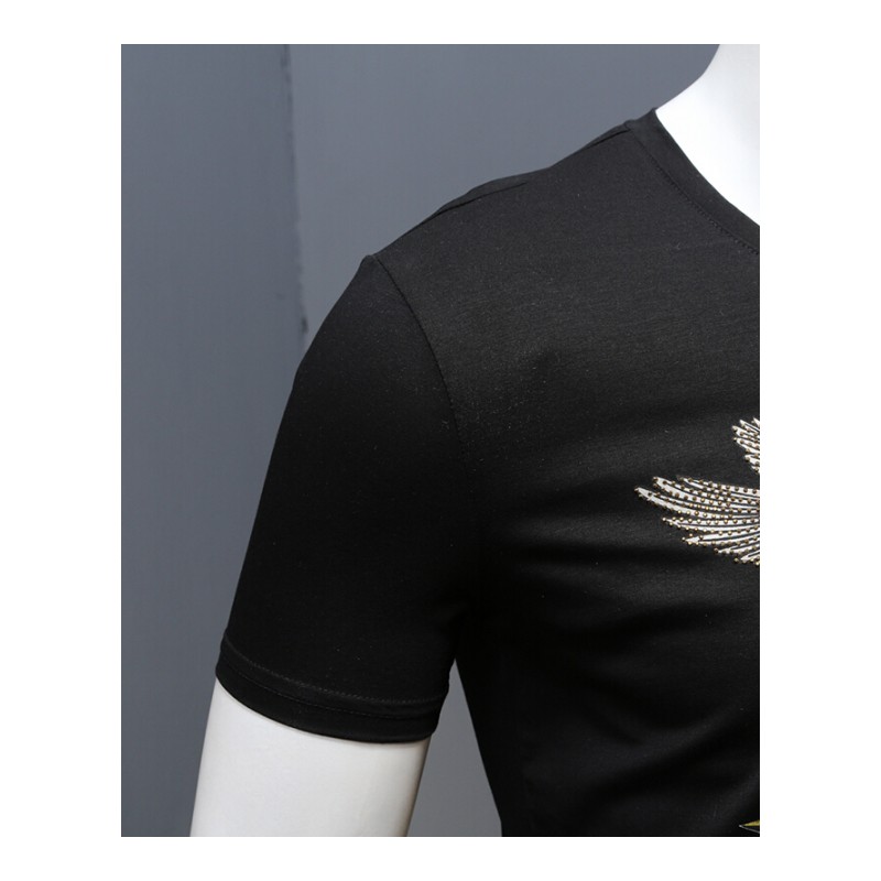 男短袖T恤2017夏季新品半袖男式时尚烫钻小鸟印花V领黑色上衣潮流