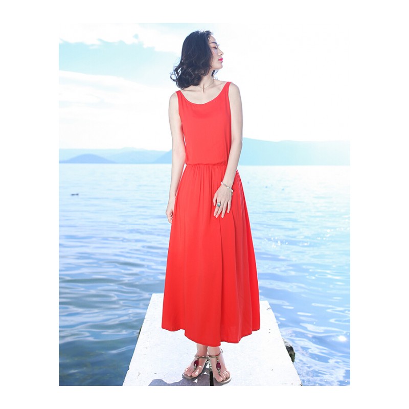 2017夏季新品女装修身圆领无袖纯色连衣裙波西米亚长裙海边沙滩裙 图片色 S