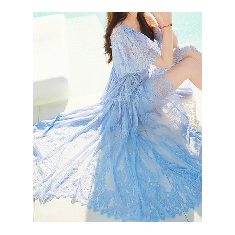 2017夏季新款不规则V领带蕾丝连衣裙波西米亚长裙度假沙滩裙子图片色