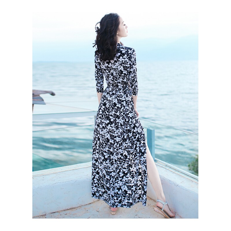 2017夏季新品女装修身系带中袖雪纺连衣裙波西米亚长裙海边度假沙滩裙黑白花
