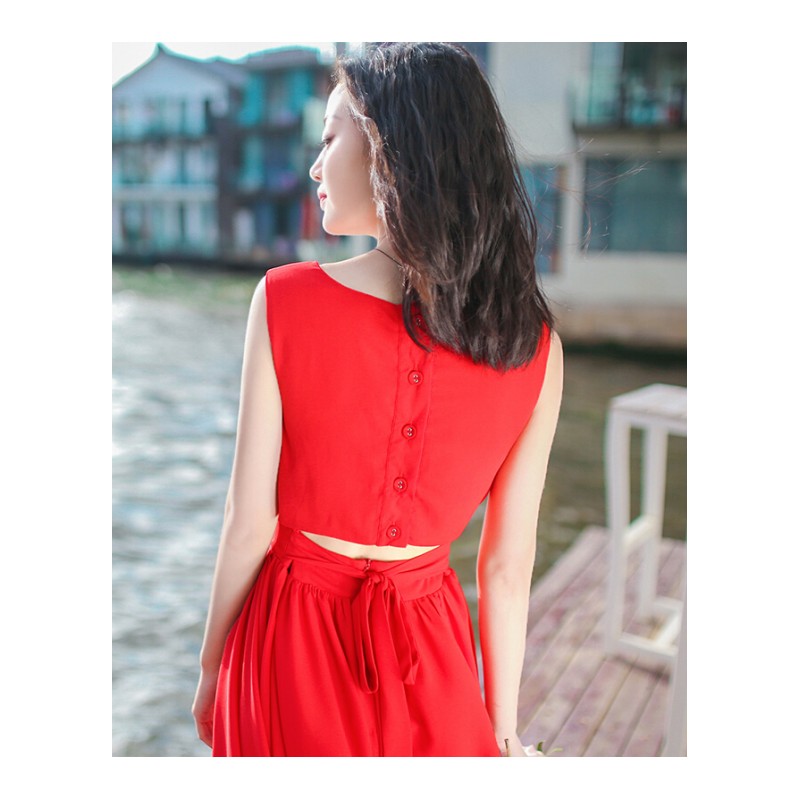 2017夏季新品女装红色短裙子无袖雪纺连衣裙波西米亚沙滩裙海边度假裙红色