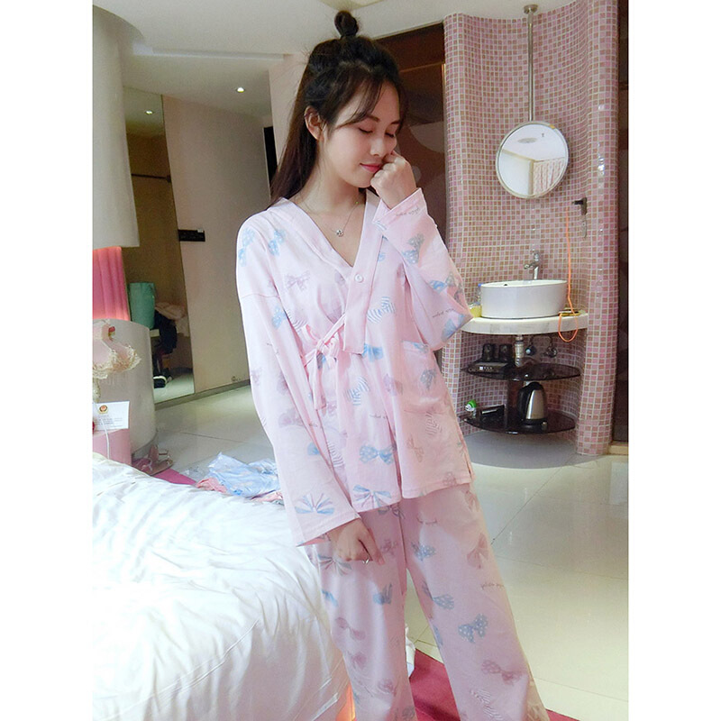 2017秋冬季睡衣女秋长袖纯棉甜美春秋季新款薄款日式和服家居服套装淡粉色