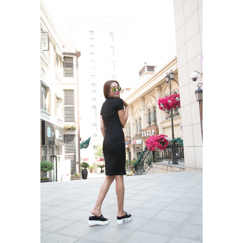 2017夏季新款红心水钻短袖莫代尔高领显瘦垂感过膝中裙大码连衣裙黑色