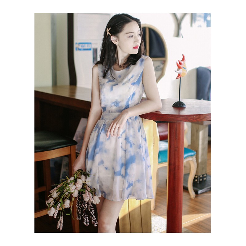 2017夏季新款女装短款裙子圆领无袖雪纺连衣裙波西米亚海边度假沙滩裙图片色