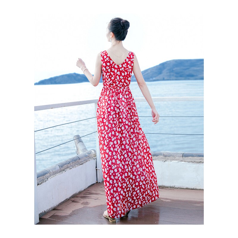 2017夏季新品女装碎花无袖雪纺长裙连衣裙波西米亚海边度假沙滩裙图片色