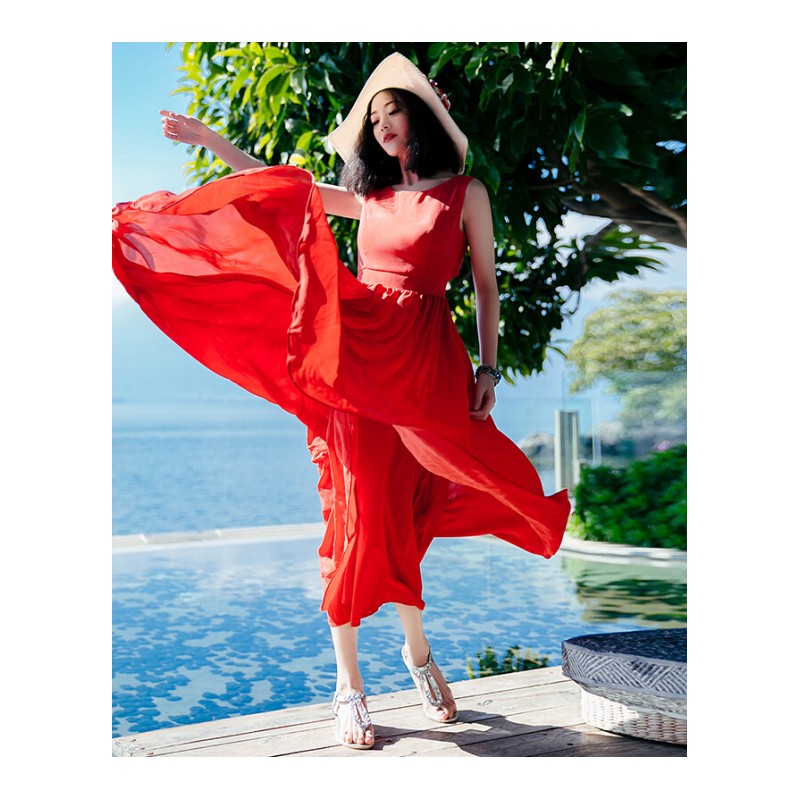 连衣裙女士2017夏季新款红色雪纺裙子大裙摆波西米亚长裙海边度假沙滩裙图片色