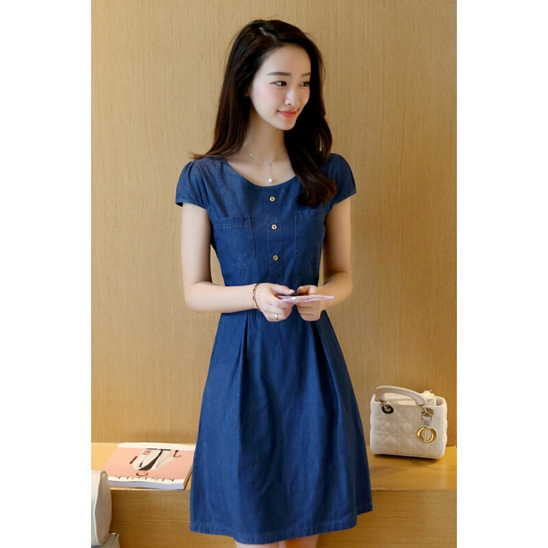 牛仔裙女士2017夏季连衣裙女学生新款韩版修身显瘦薄时尚款圆领短袖a字裙时尚牛仔蓝