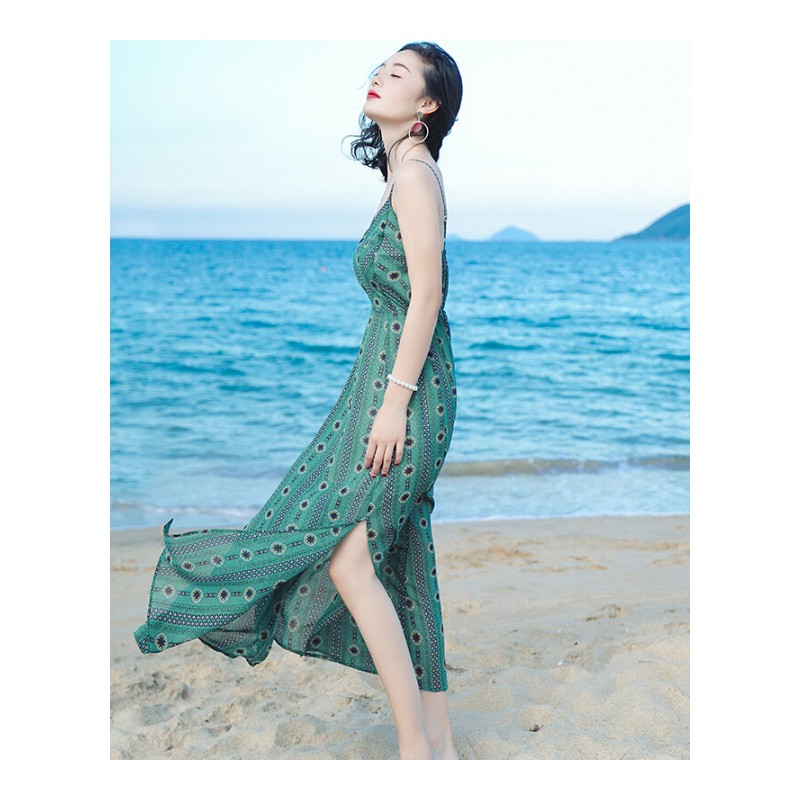 2017夏季新品女装绿色带雪纺长裙连衣裙波西米亚海边度假沙滩裙图片色