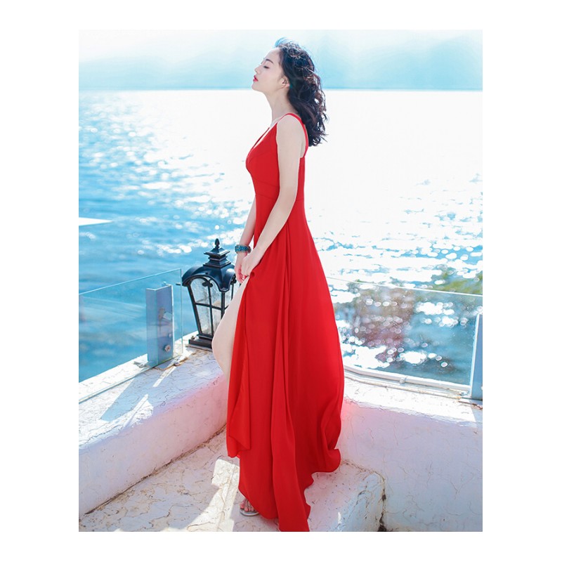 2017夏季新品女装裙子红色无袖雪纺连衣裙波西米亚长裙海边度假沙滩裙红色