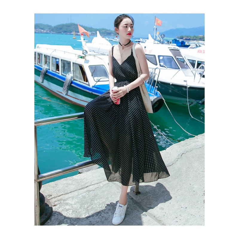 2017夏季新品女装无袖带中长裙子雪纺连衣裙波西米亚海边沙滩裙图片色