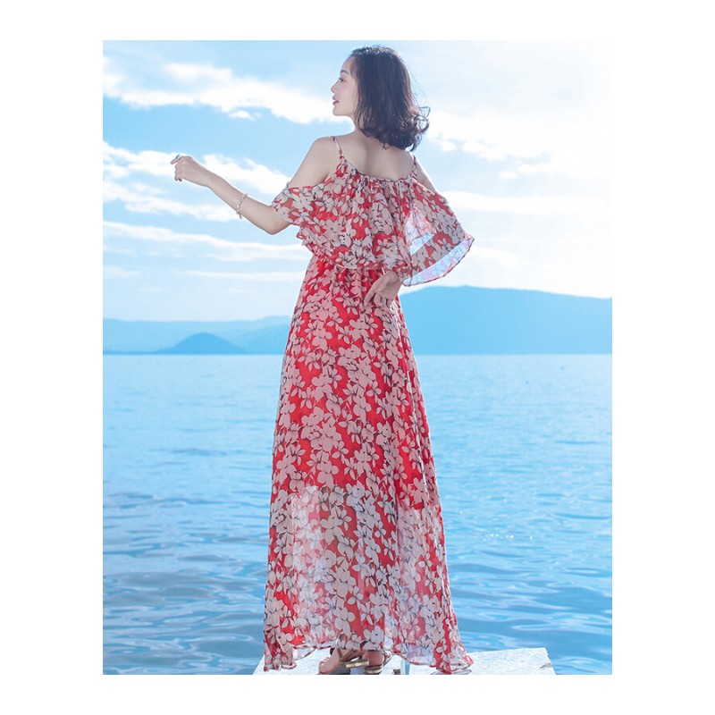 雪纺连衣裙女士2017夏季新品女装红色碎花带波西米亚长裙海边度假沙滩裙红色