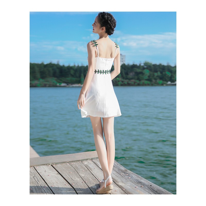 2017夏季新品女装修身无袖带裙子雪纺连衣裙波西米亚海边度假沙滩裙白色