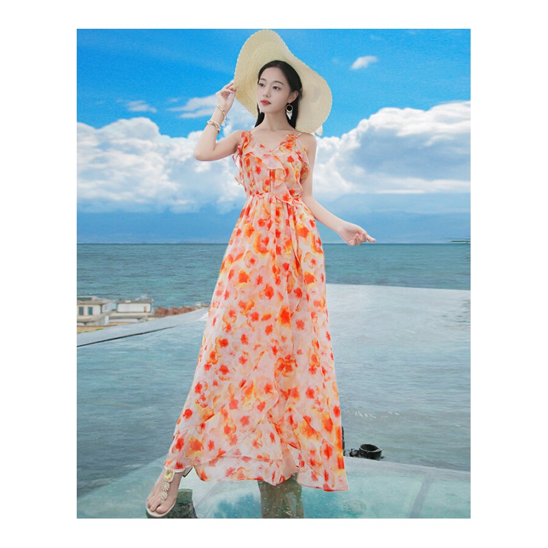 2017夏季新品女装荷叶边带裙雪纺连衣裙波西米亚长裙海边度假沙滩裙图片色