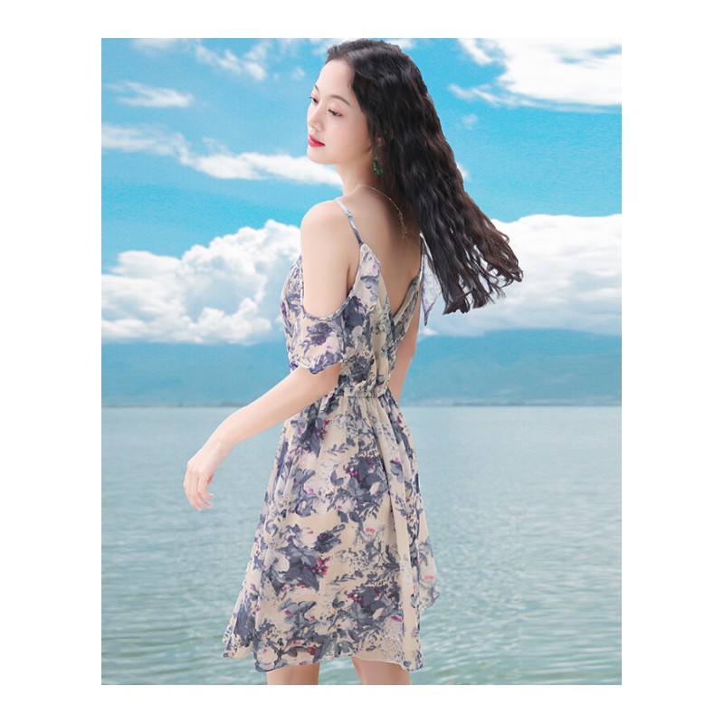 2017夏季新款女装露背无袖带裙雪纺连衣裙波西米亚沙滩裙度假短裙子图片色