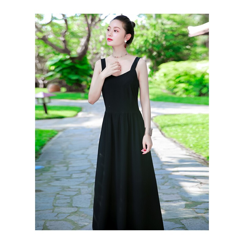 2017夏季新品女装气质无袖黑色连衣裙长裙波西米亚海边度假沙滩裙黑色