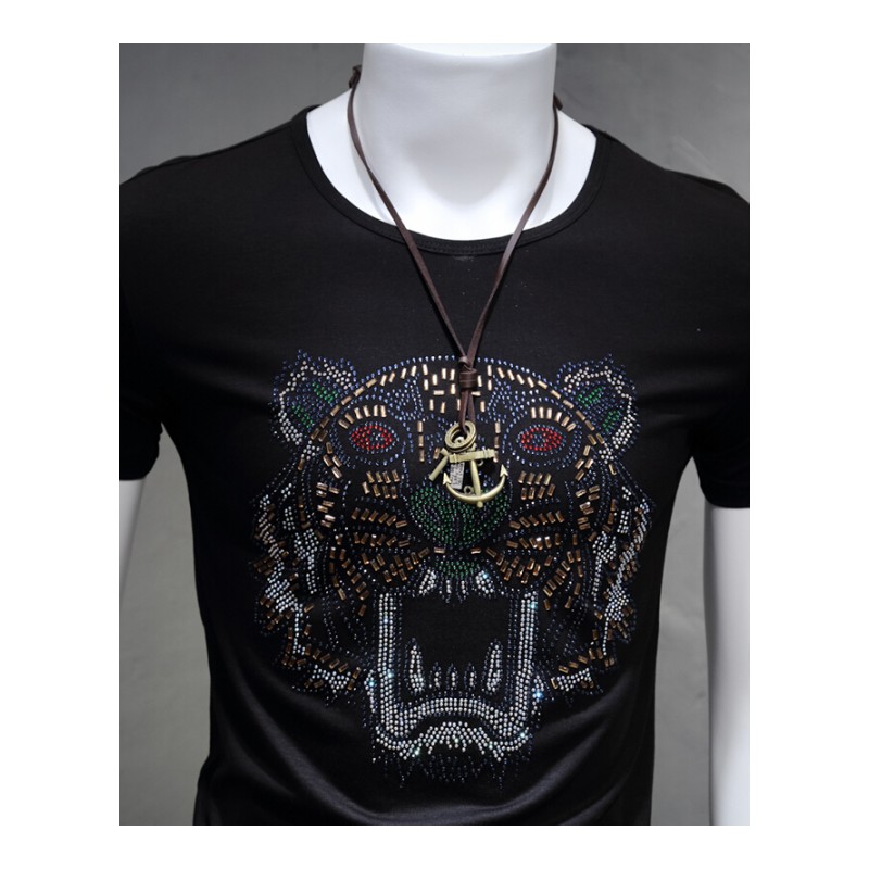 男T恤2017夏季新款丝光棉短袖男士大码烫钻简约老虎头男装潮流时尚