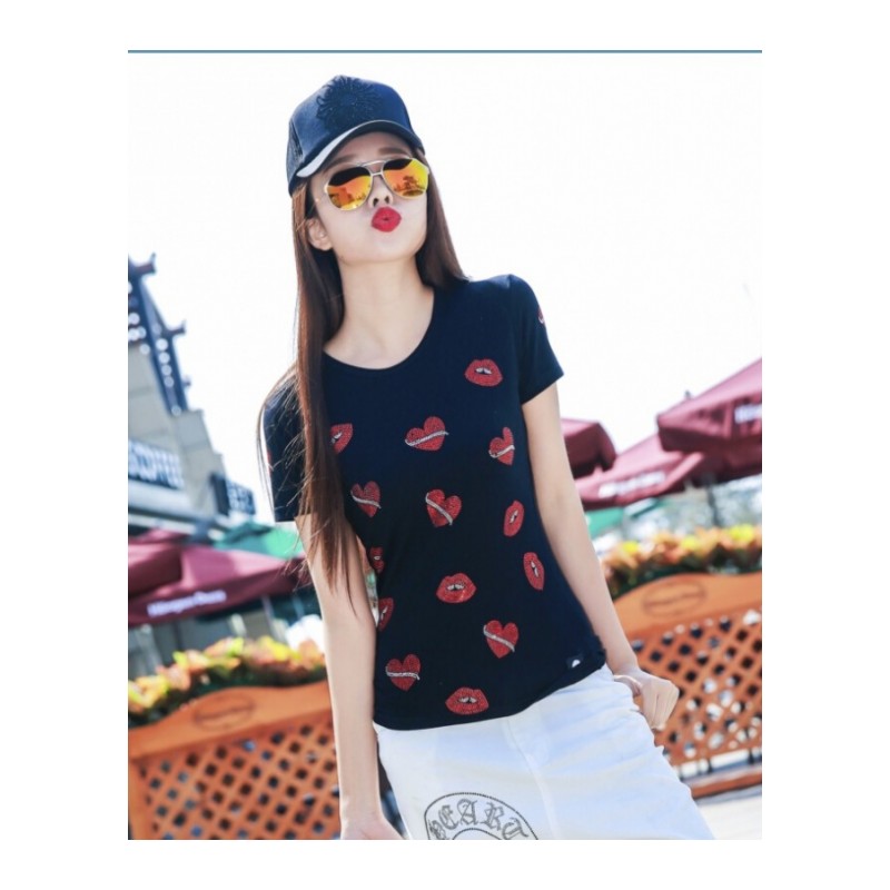 潮牌女T恤短袖2017夏季红心红唇修身显瘦莱卡棉时尚