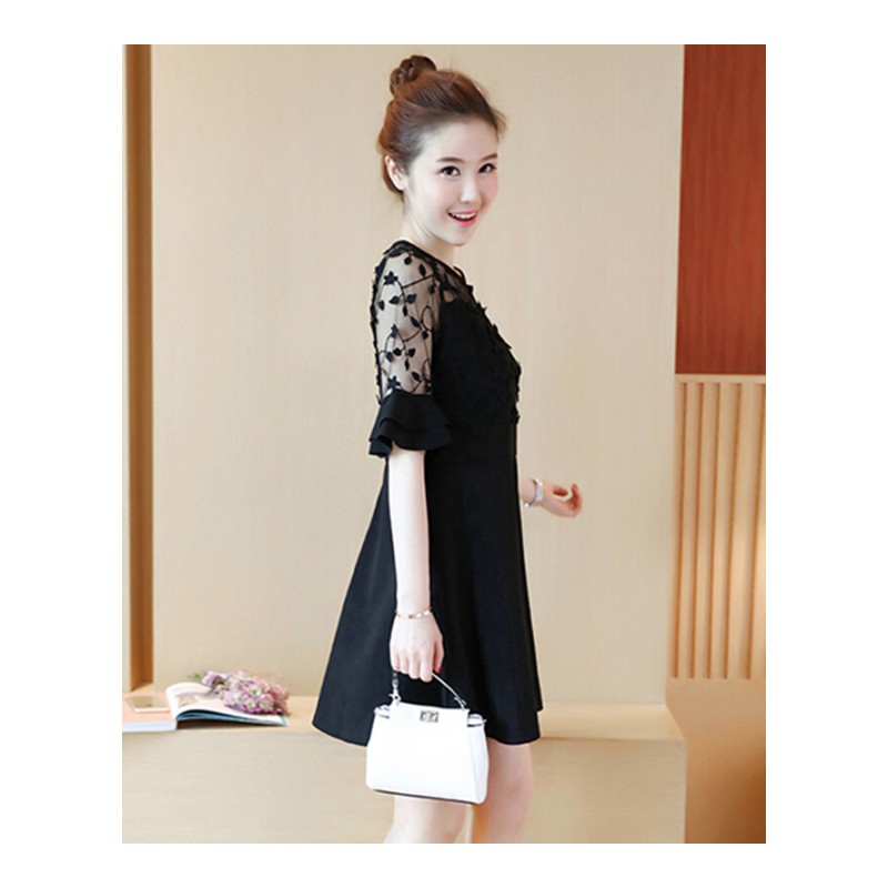连衣裙女士2017夏季女装喇叭袖网纱裙子韩版夏装新款胖mm宽松显瘦短袖黑色