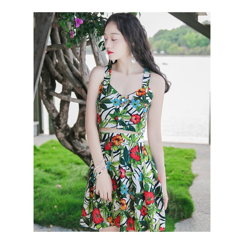 2017夏季新品女装短款两件套雪纺连衣裙波西米亚沙滩裙海边度假裙短裙绿色