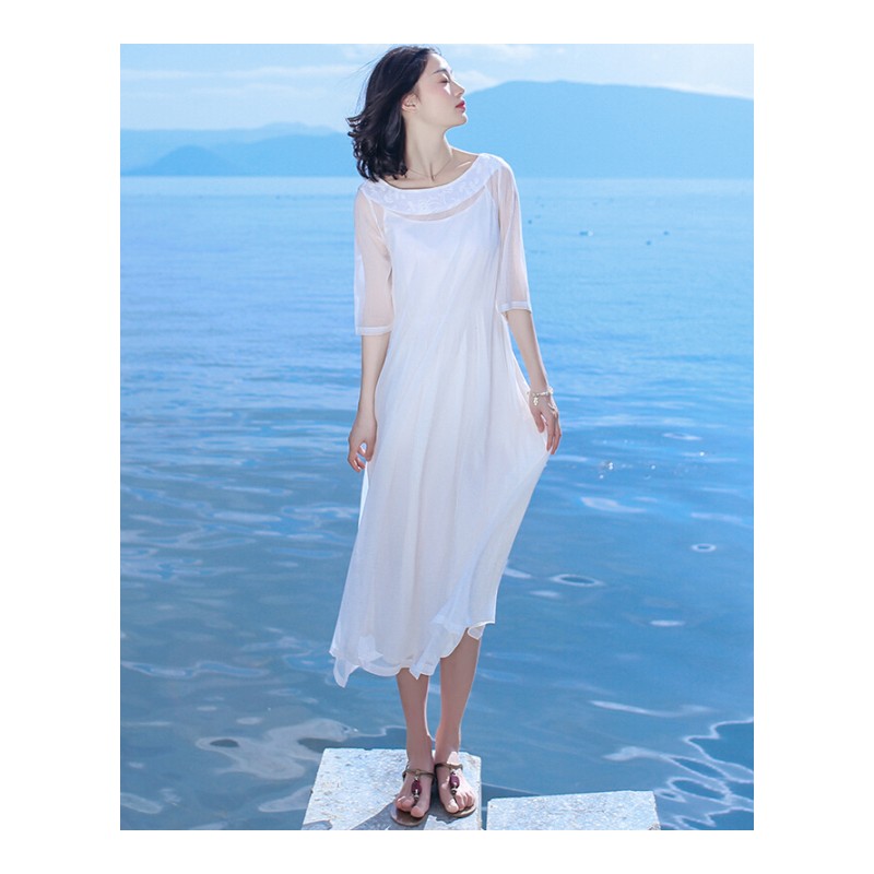 连衣裙女士2017夏季新款女装两件套宽松白色文艺波西米亚长裙度假沙滩裙白色