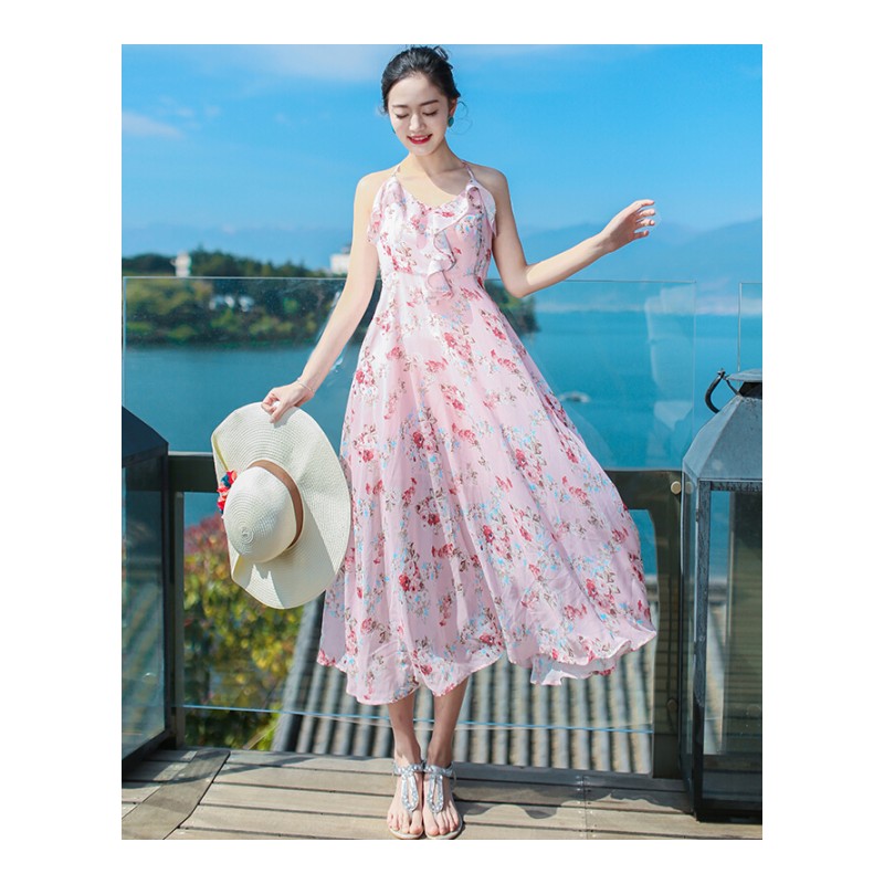 2017夏季新品女装修身中长雪纺露背带连衣裙波西米亚海边度假沙滩裙粉色