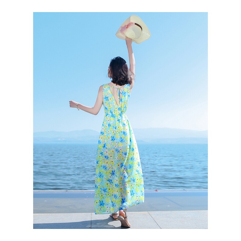 2017夏季新品女装系带无袖雪纺长裙连衣裙波西米亚海边度假沙滩裙图片色