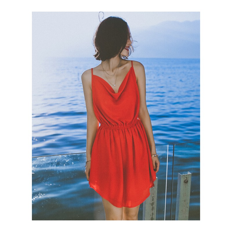 连衣裙女士2017夏季新品女装V领露背雪纺带短款波西米亚海边度假沙滩裙