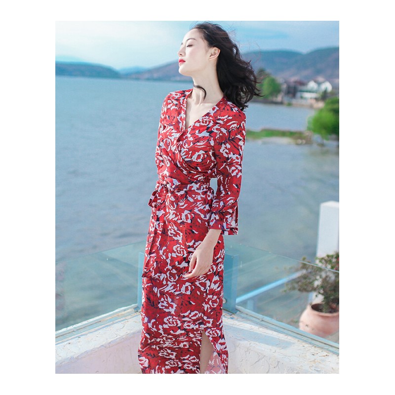 2017夏季新款女装裙子修身中袖雪纺连衣裙波西米亚长裙海边度假沙滩裙红色