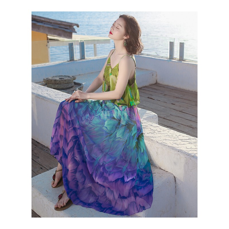 2017夏季新品女装泰国风带雪纺连衣裙子长裙波西米亚海边度假沙滩裙图片色