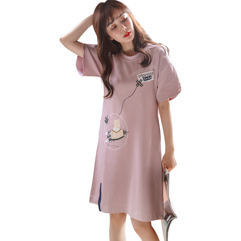 睡裙女夏短袖纯棉睡衣裙韩版宽松可爱居家服中裙甜美可外穿家居服淡紫色（有口袋）