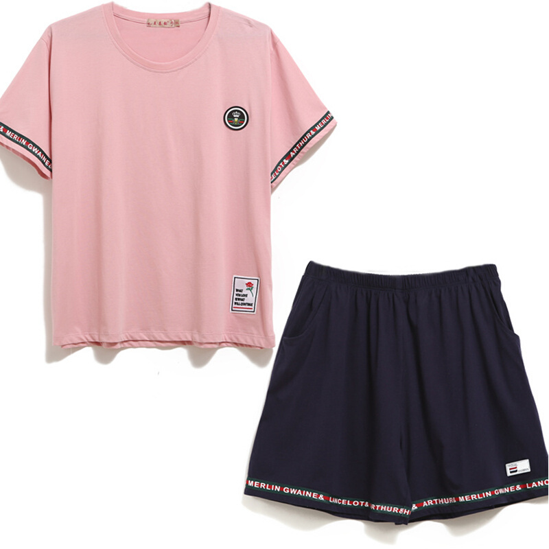 女夏季纯短袖短裤棉睡衣加肥加大码宽松休闲薄款200斤胖MM家居服粉红色8270