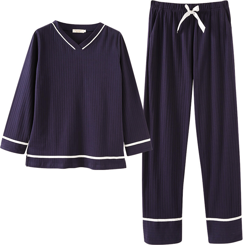 秋冬韩版简约V领纯色纯棉宽松长袖女胖mm大码睡衣200斤家居服套装