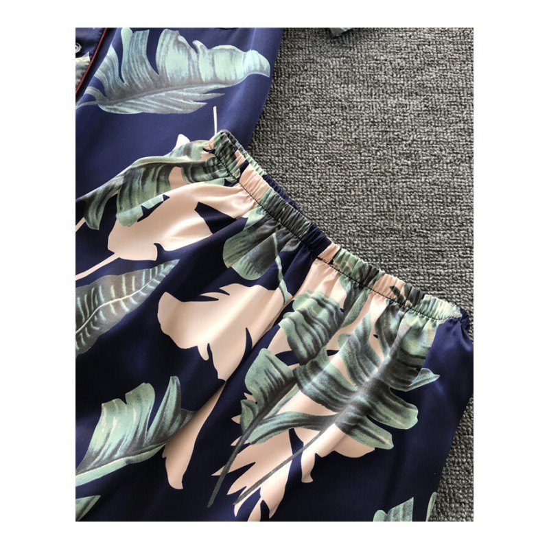 夏季女士短袖短裤家居服套装翻领休闲日系冰丝睡衣女开衫薄款丝绸藏青色均码