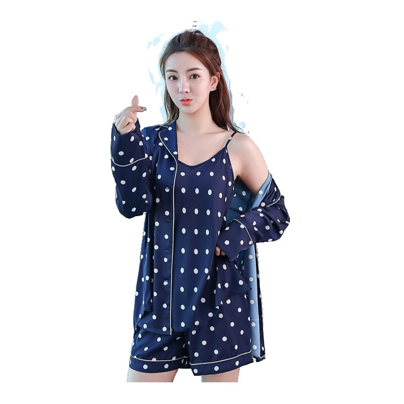韩版性感睡衣女夏冰丝长袖三件套装春夏季丝绸带清新宽松家居服圆点三件套