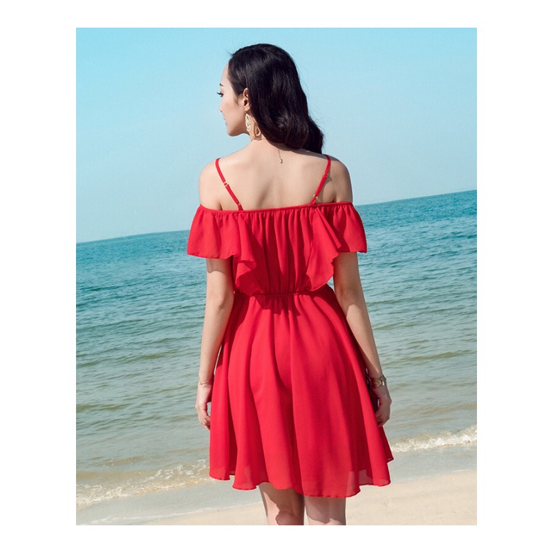 2018春季新款红色一字肩雪纺连衣裙波西米亚海边度假沙滩裙中国红