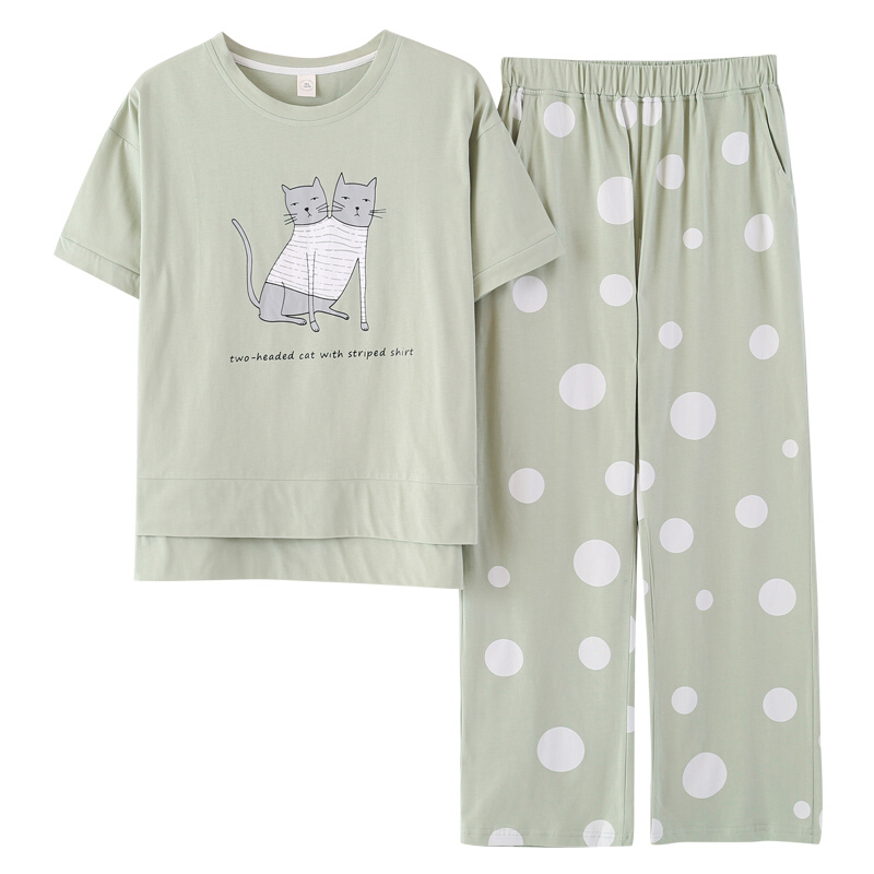 睡衣女夏套装短袖两件套长裤纯棉韩版清新学生9分裤甜美薄家居服浅绿(九分裤)