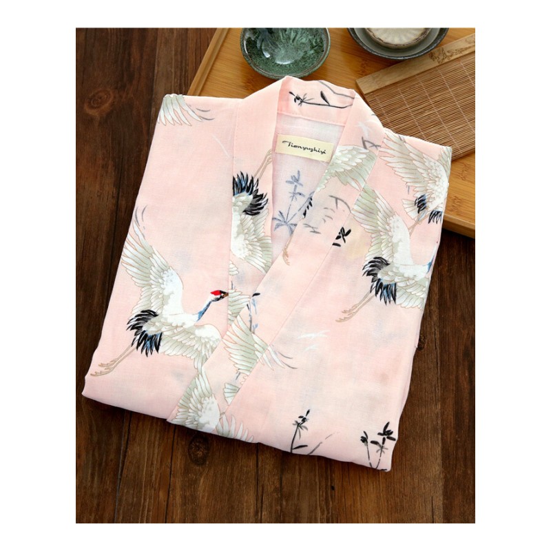 日式和服睡衣女夏季纯棉中袖开衫汉服睡衣薄款可爱外穿家居服套装粉色仙鹤五分裤套装