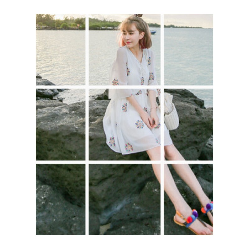 春夏新款韩版波西米亚沙滩度假雪纺刺绣宽松连衣裙白色